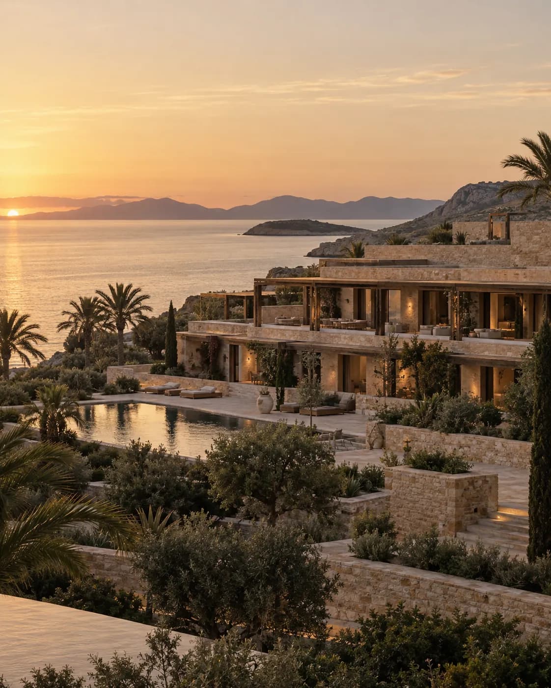 A coastal hotel at dusk
